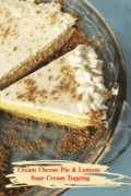 Slice of cream cheese pie in pyrex dish.