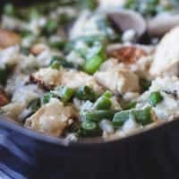 Green Bean Chicken Casserole in an square baking dish.