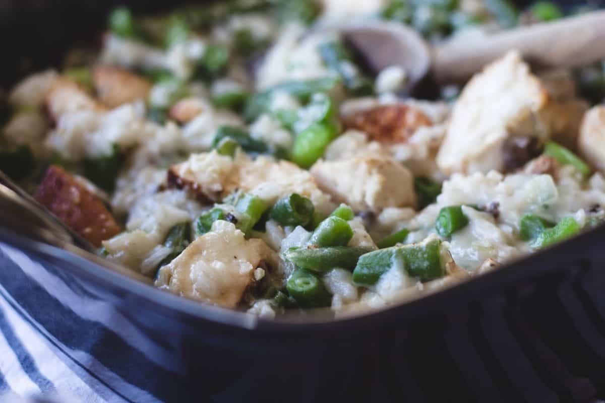 Green Bean Chicken Casserole in an square baking dish.