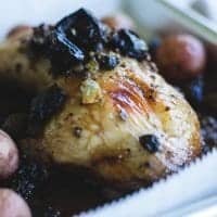 Cooked olive chicken on sheet pan