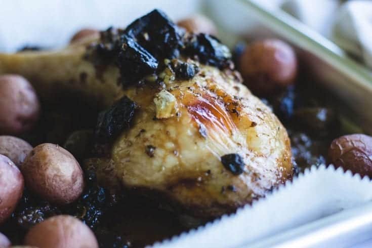 Cooked olive chicken on sheet pan