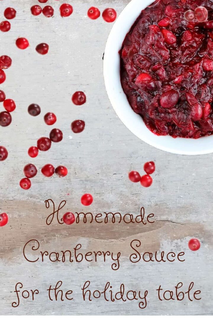 bowl of cranberry sauce and scattered fressh cranberries