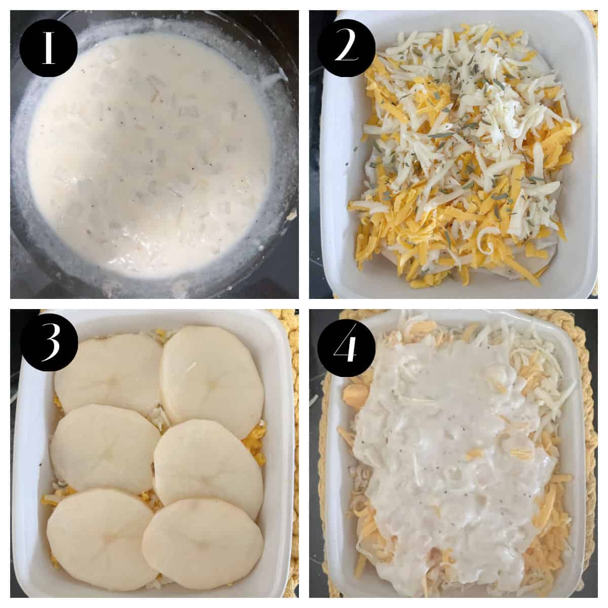 Four-step image collage showing this easy scalloped potatoes recipe: 1) cheese sauce in a pot, 2) shredded cheese in a baking dish, 3) sliced potatoes layered in the dish, 4) cheese sauce poured over potatoes and cheese.