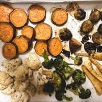 roasted sweet potatoes and parsnips on sheet pan