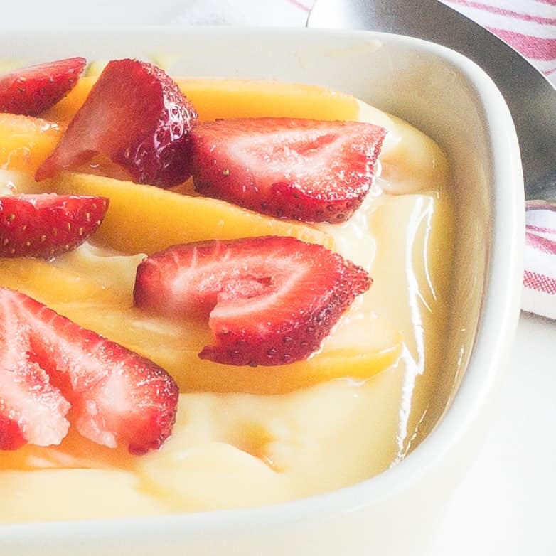 no bake peach pudding in baking dish