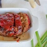 1 pound meatloaf in small white baking dish.