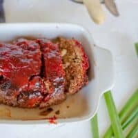 1 pound meatloaf in small white baking dish.