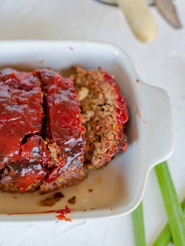 1 pound meatloaf in small white baking dish.