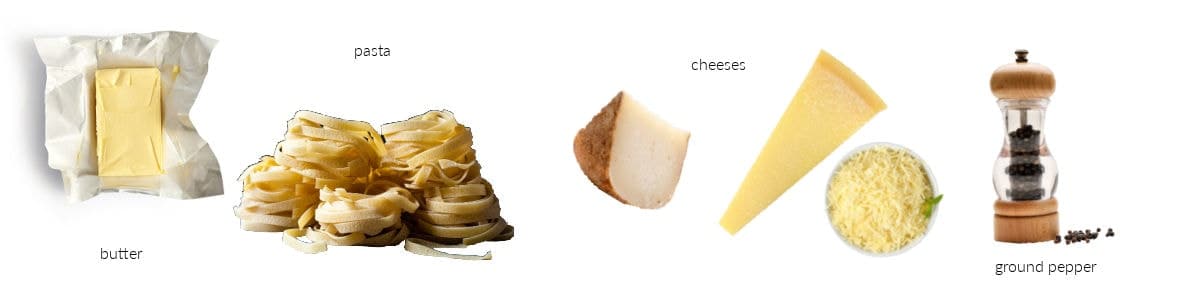 Collage of ingredients for buttered noodles.