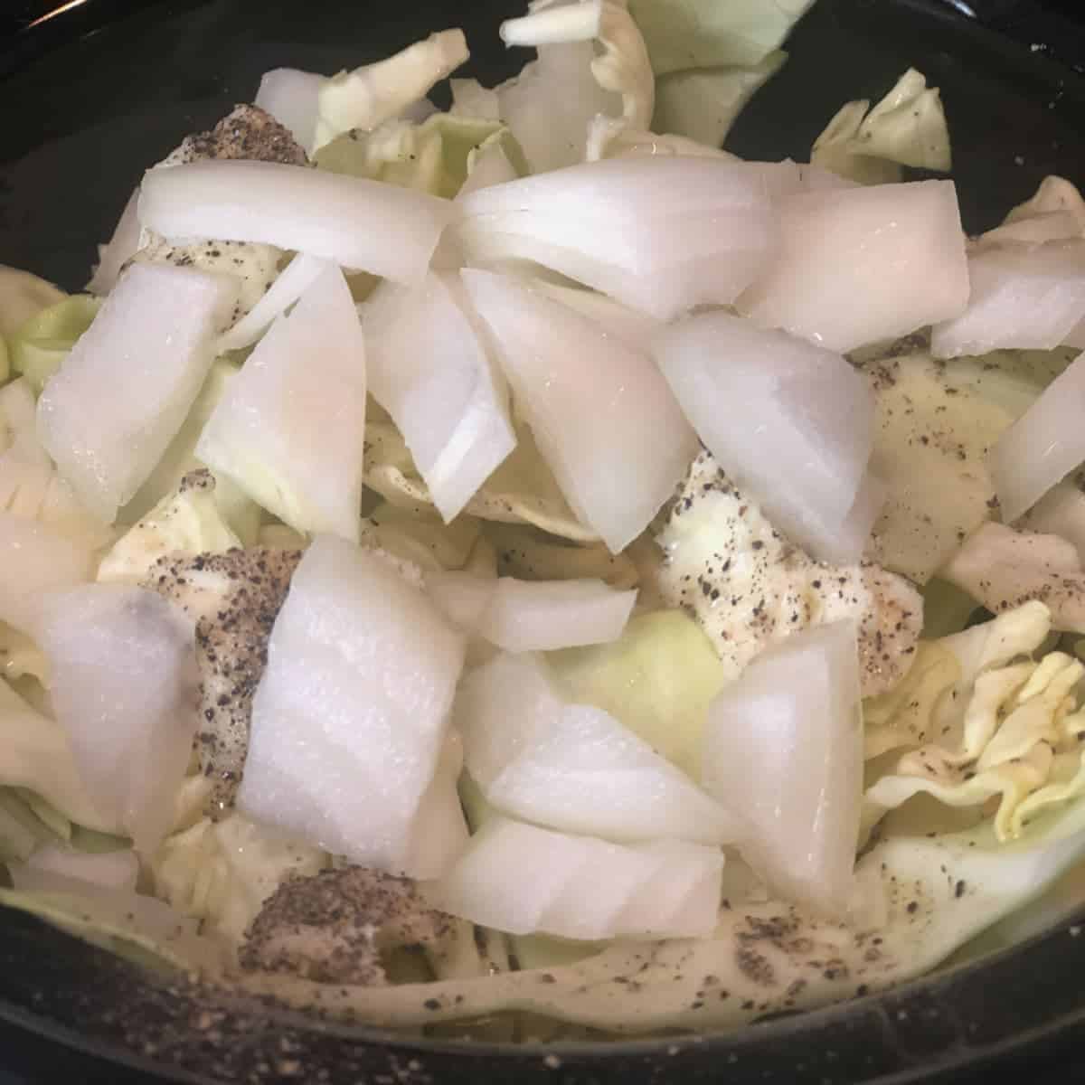 Cabbage and onion in crockpot.