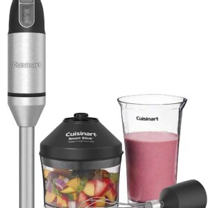 Immersion blender and a smoothie in glass.