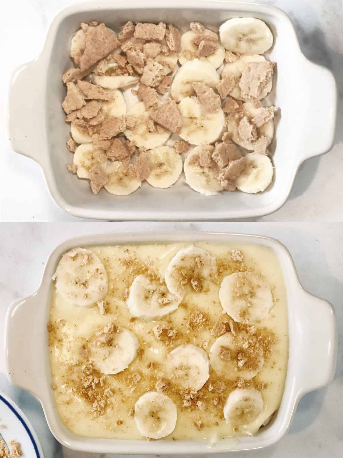 Collage of banana pudding layers in small baking dish.