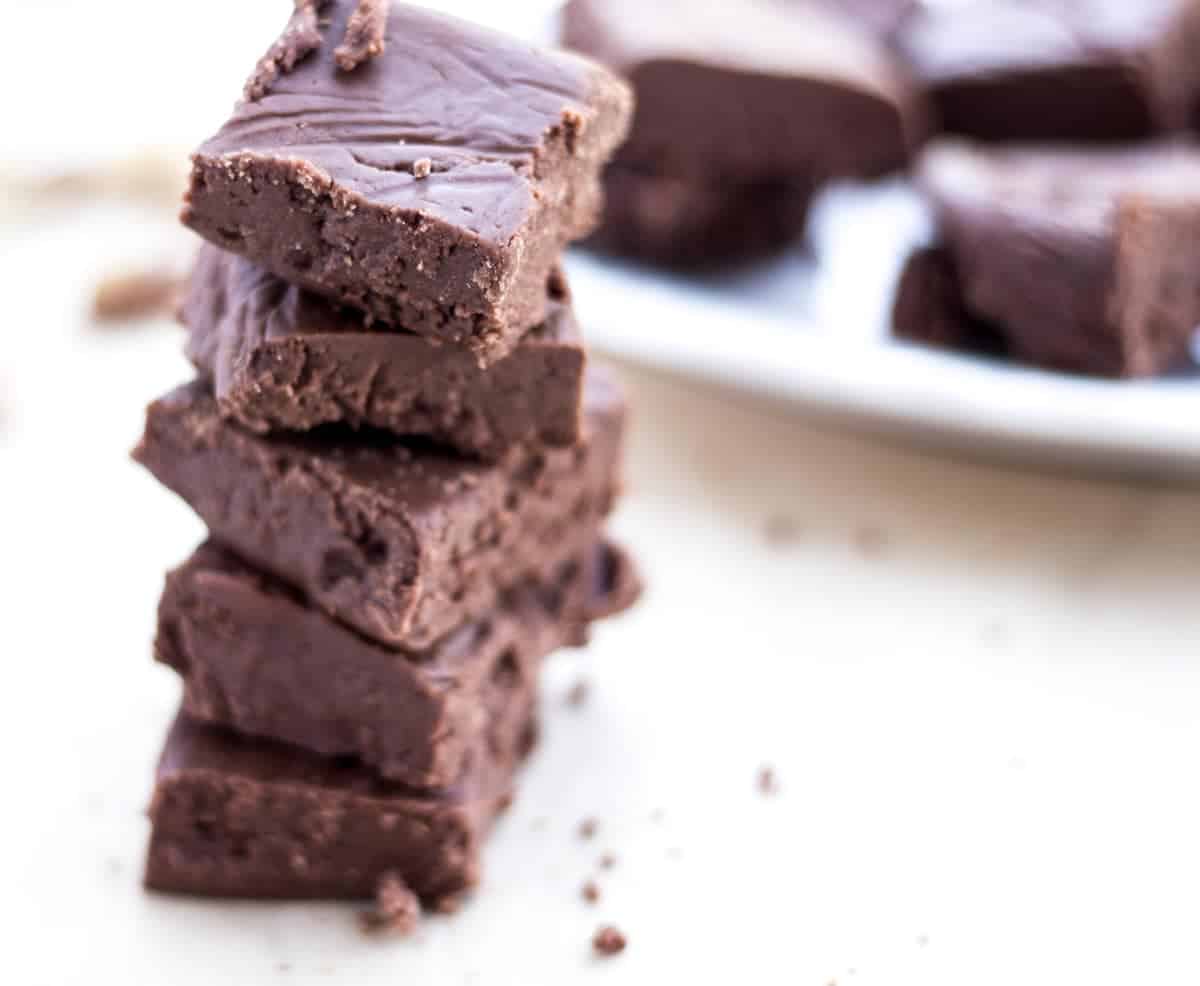 stack of homemade fudge on table.