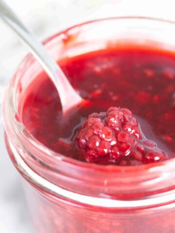 close up of spoonfull of blackberry sauce.
