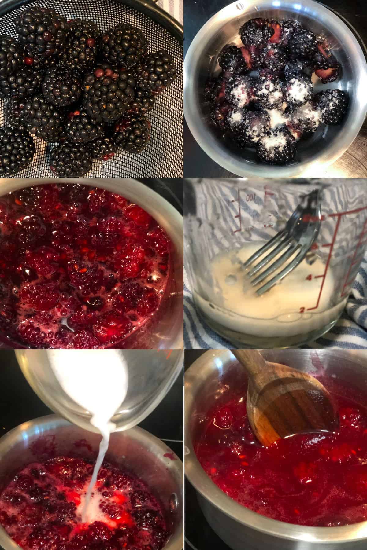 Collage of steps to make blackberry sauce.