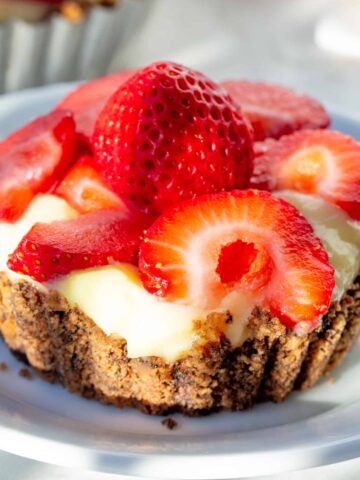 close up of strawberr custard tart.