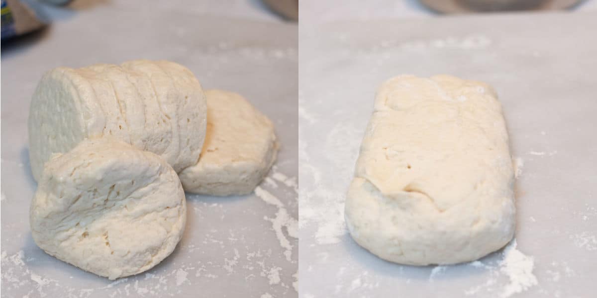 biscuit dough on marble pastry board.