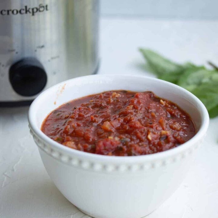 close up of homemade marinara sauce in white bowl