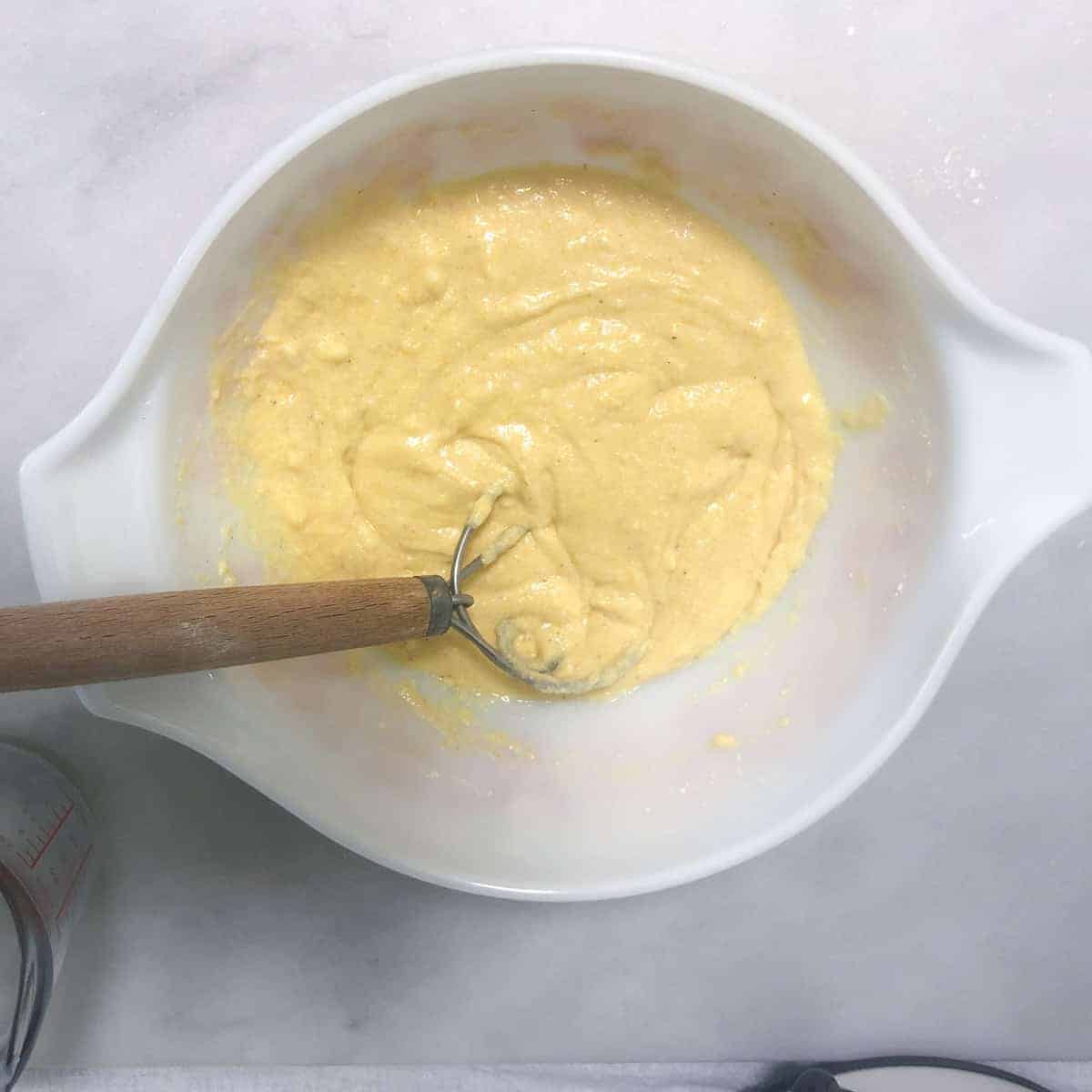 slowcooker cornbread batter in bowl.