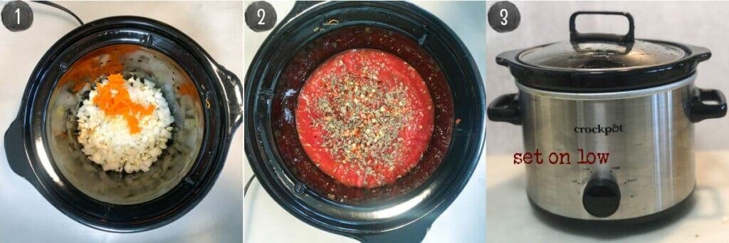 view of crockpots with slow cooker marinara ingredients.