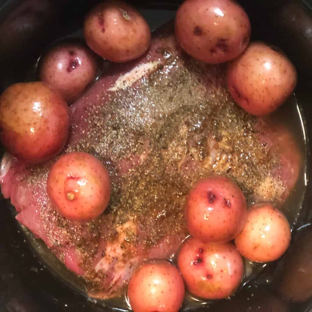 one pound tri tip cooking in slow cooker covered in beef broth and baby red potatoes.