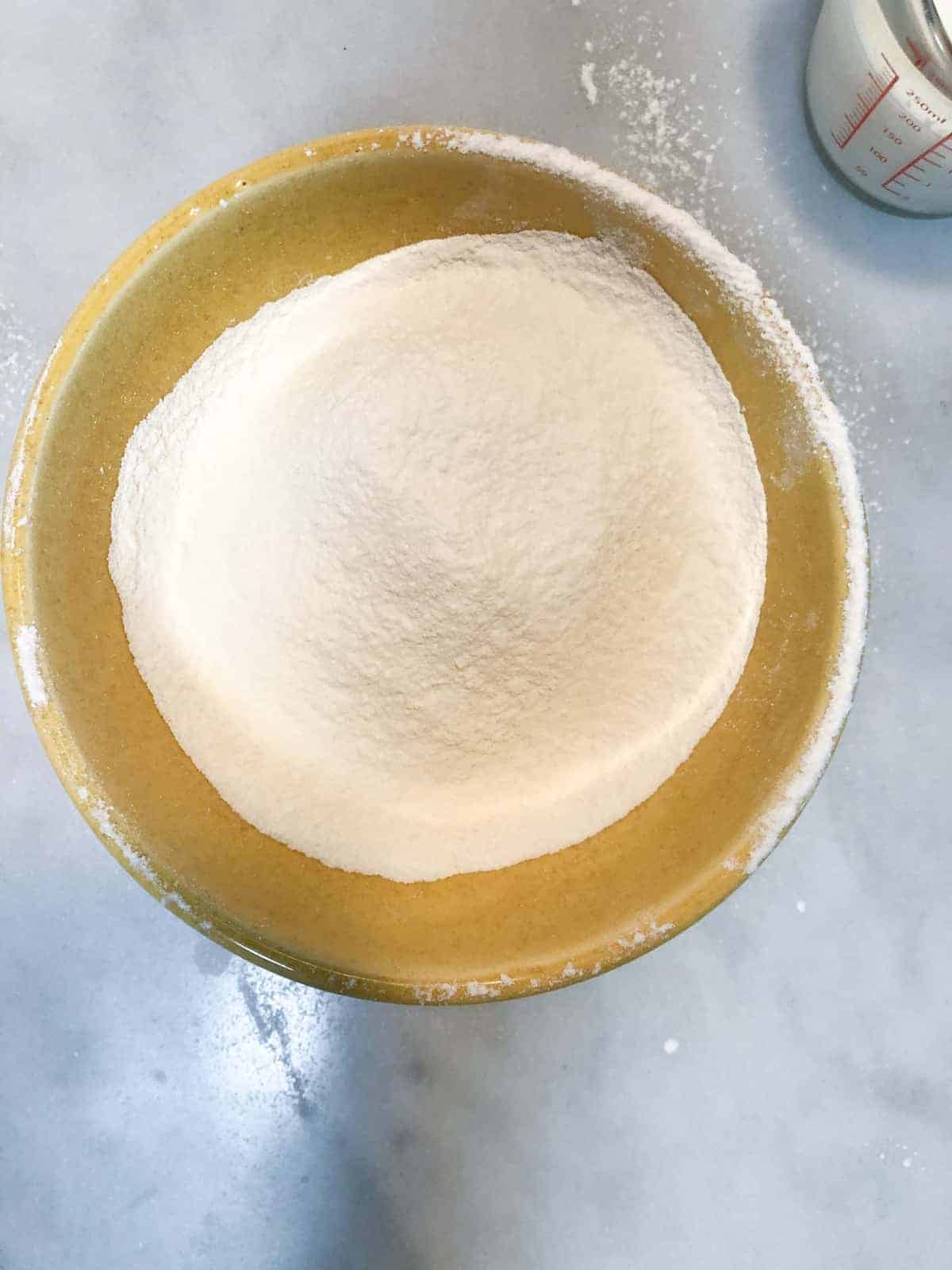 bowl of dry ingredients for making breakfast biscuits.