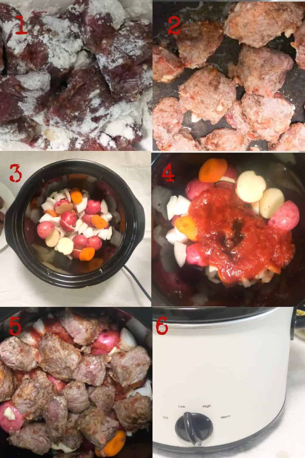 collage of steps to make this beef stew for two in a slow cooker.