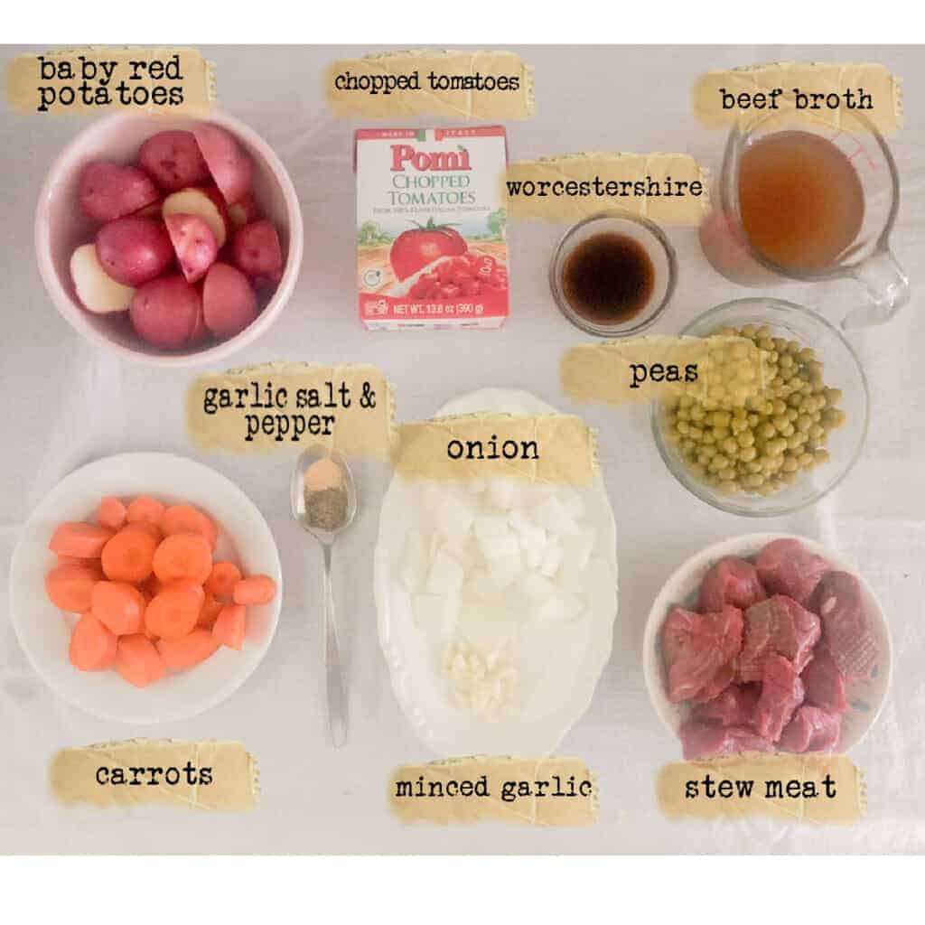 measured ingredients to make slow cooker beef stew for two