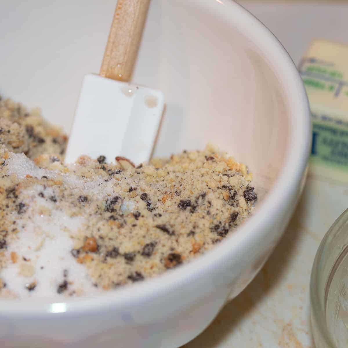 A bowl of dry ingredients for biscotti crust.