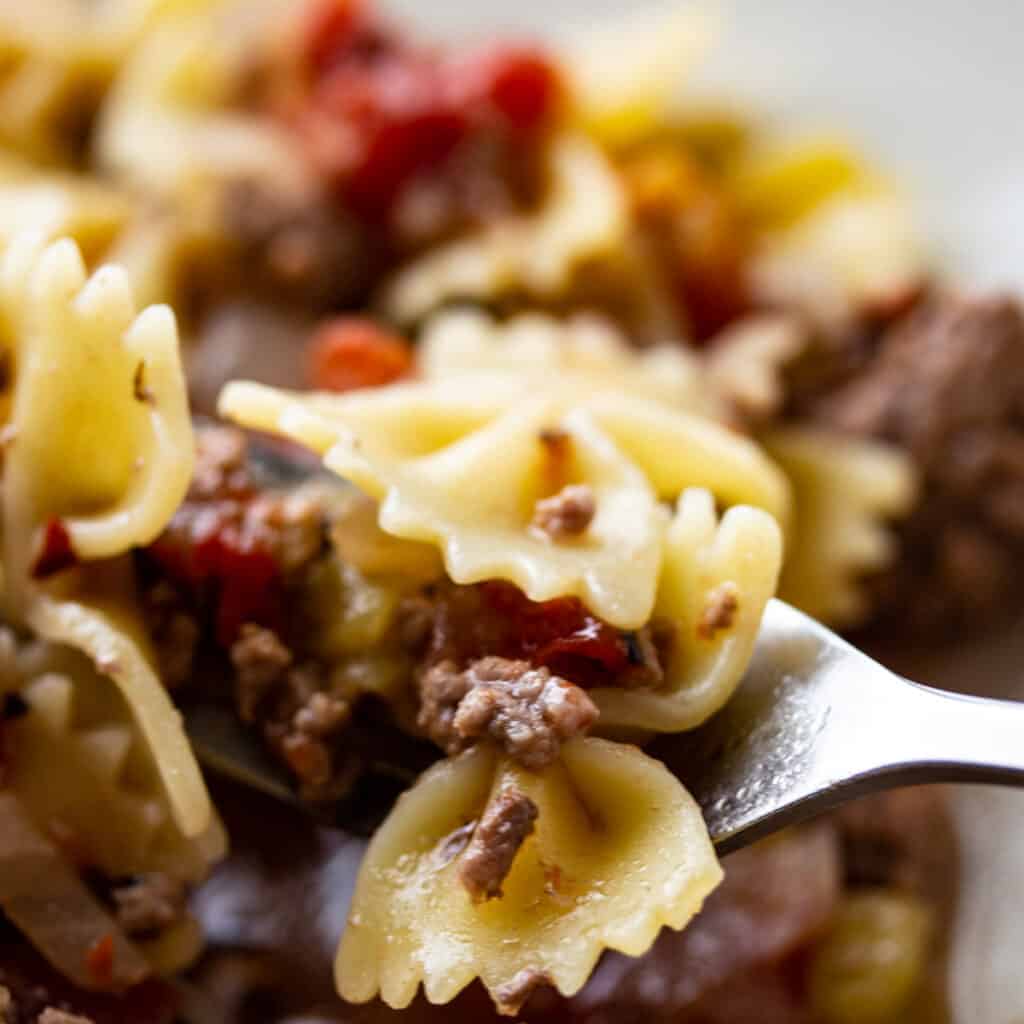 close up of forkful of goulash.