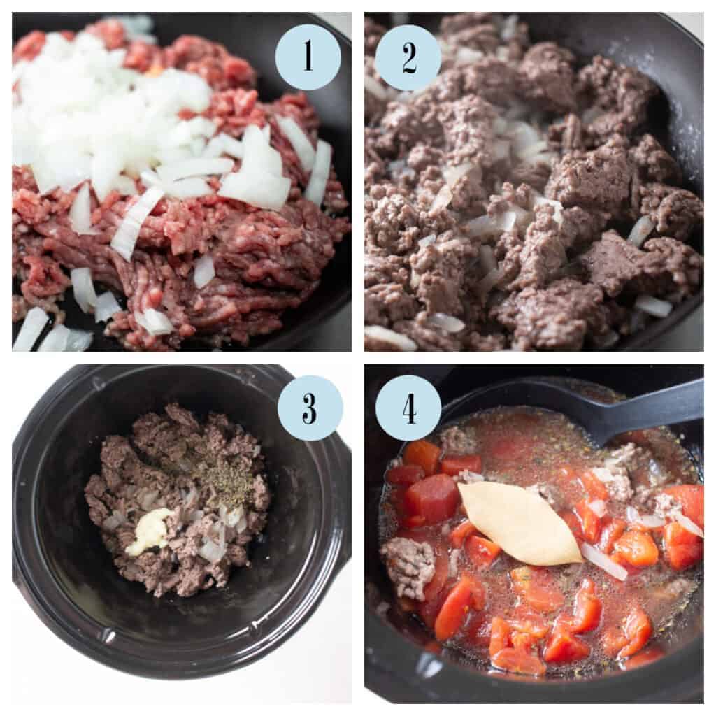 browning beef in skillet and adding goulash ingredients to 3-quart slow cooker.