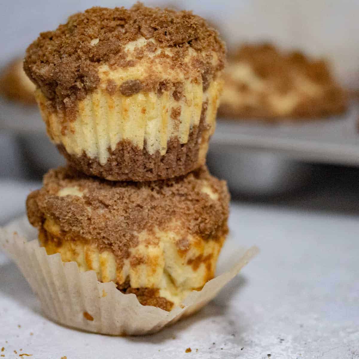 two homemade cinnamon streusel muffins stacked with muffin tin in background.