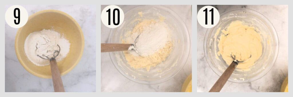 collage of steps to mixcinnamon muffin batter.