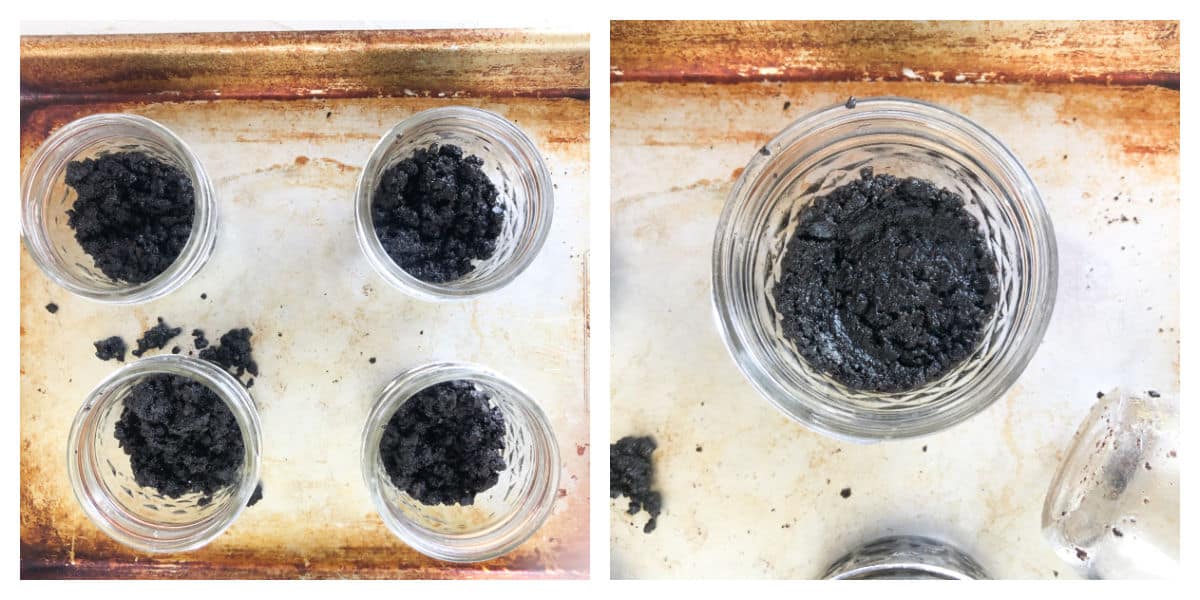 Chocolate wafer crust in mason jar.