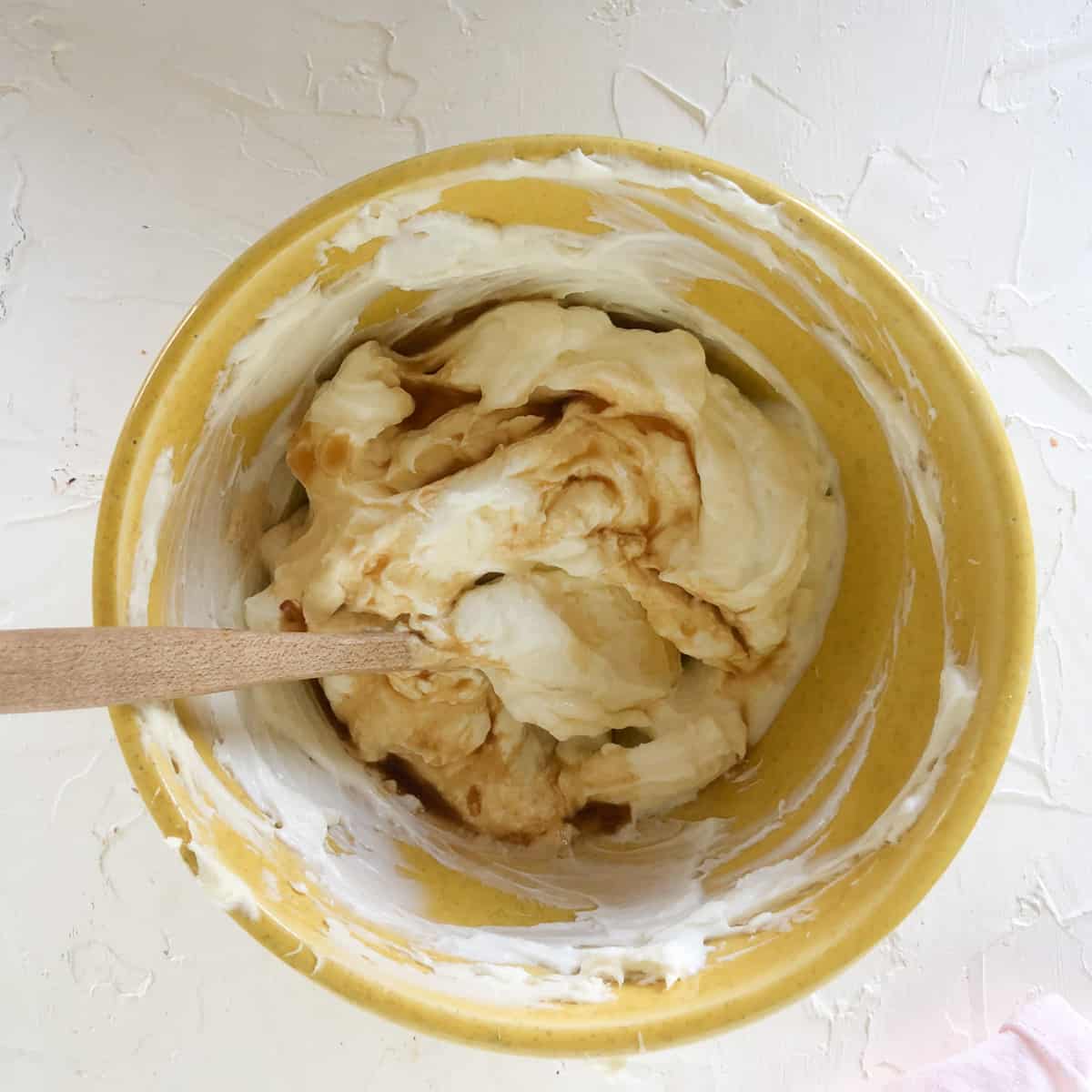 cream cheese batter in yellow bowl.