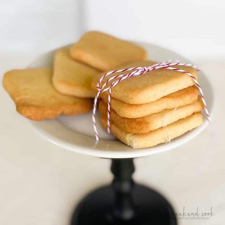 french shortbread cookies on plate tied with with bakers twine.