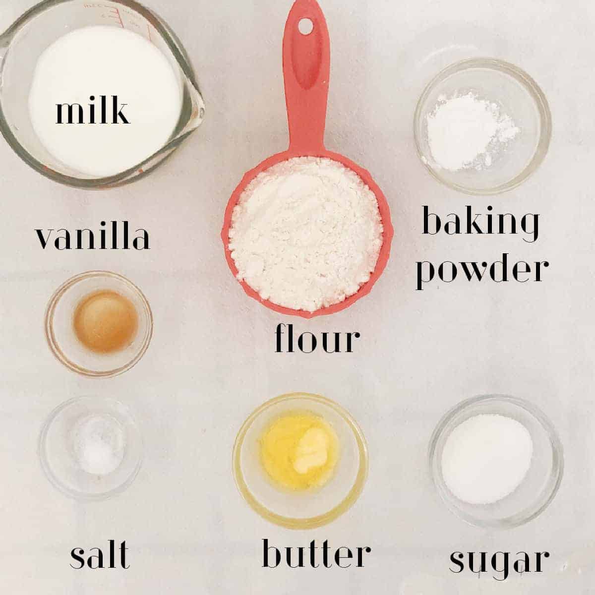 ingredients measure out to make homemade pancakes.