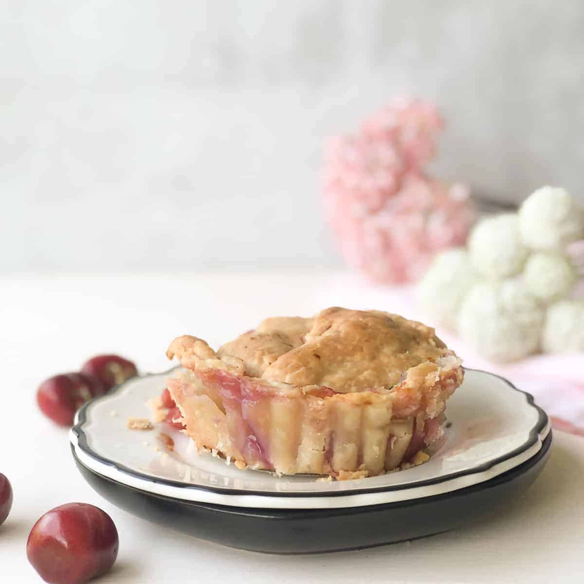 Individual cherry pie on plate.