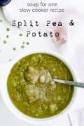 Bowl of split pea and bpotato soupon table.