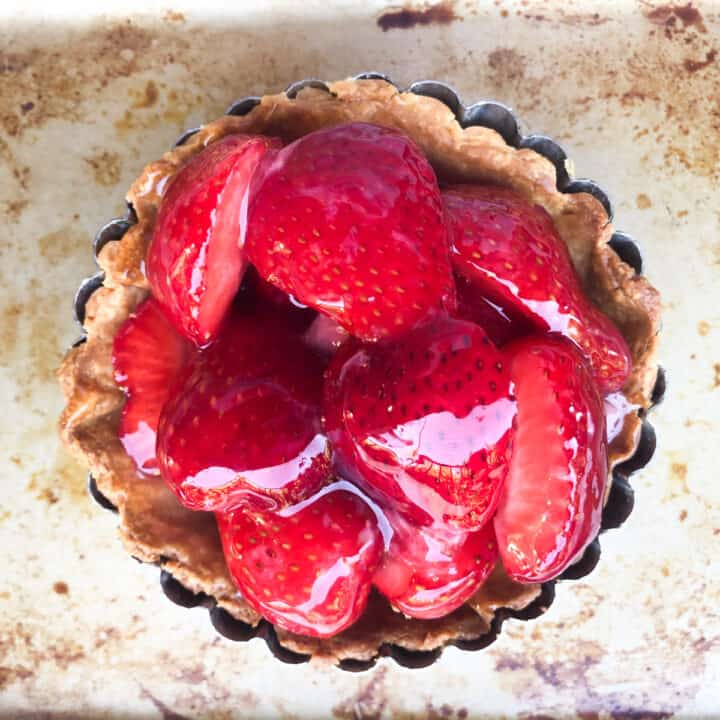 Overhead view of mini strawberry pie.