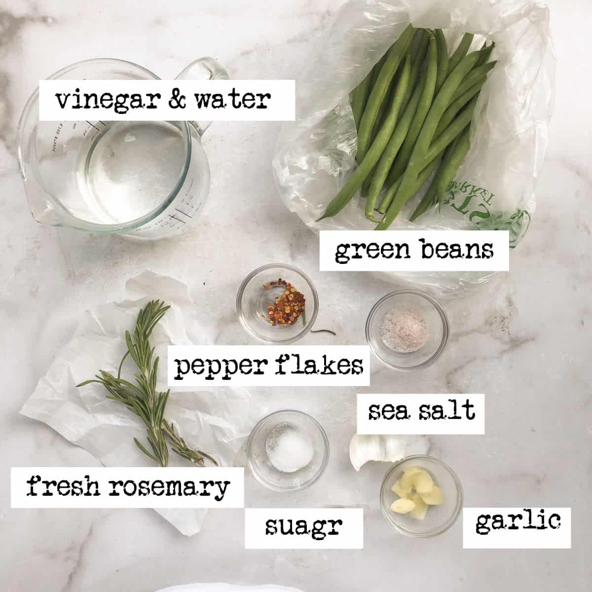 Cup of vinegar & water, fresh green beans, pepper flakes, rosemary sprigs,, sea salt,sugar, and sliced garlic.