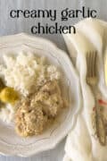 chicken thighs covers in creamy garlic sauce with rice on white plate.