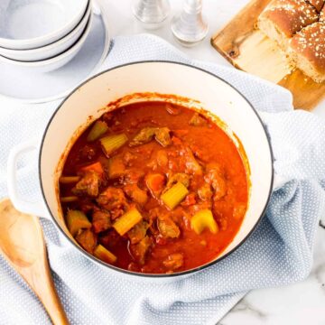 Beef paprika stew in dutch oven.