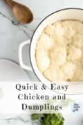 Close up of chicken and dumplings in white dutch oven.