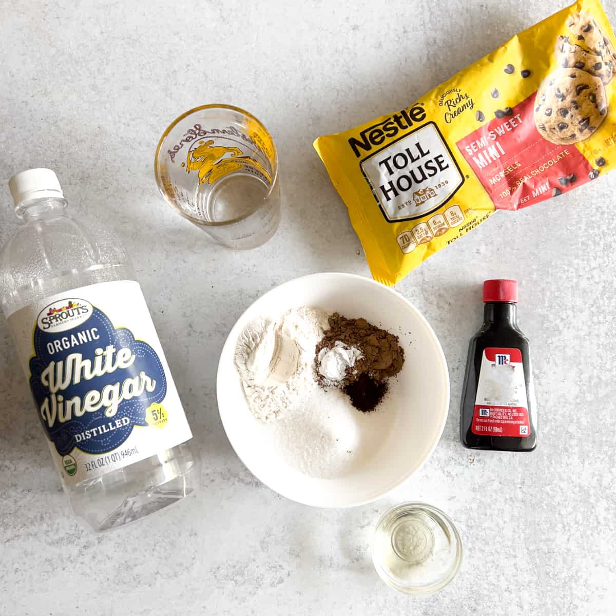 Mini chocolate cake ingredients on table.
	
