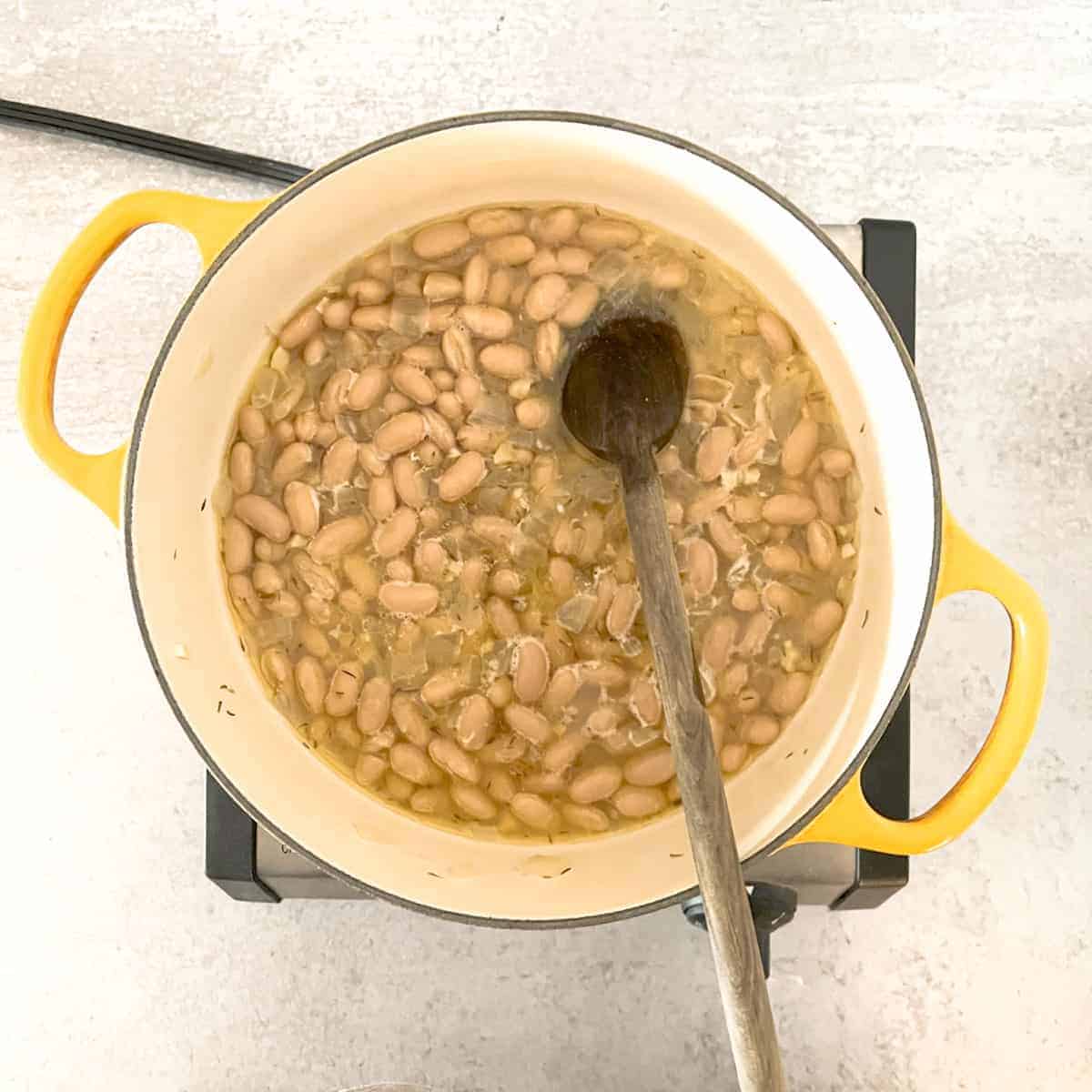 White bean stew cooking in dutch oven.