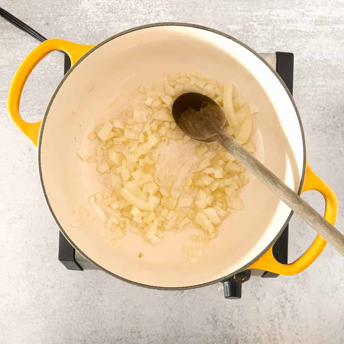 Onions and garlic cooking in dutch oven.