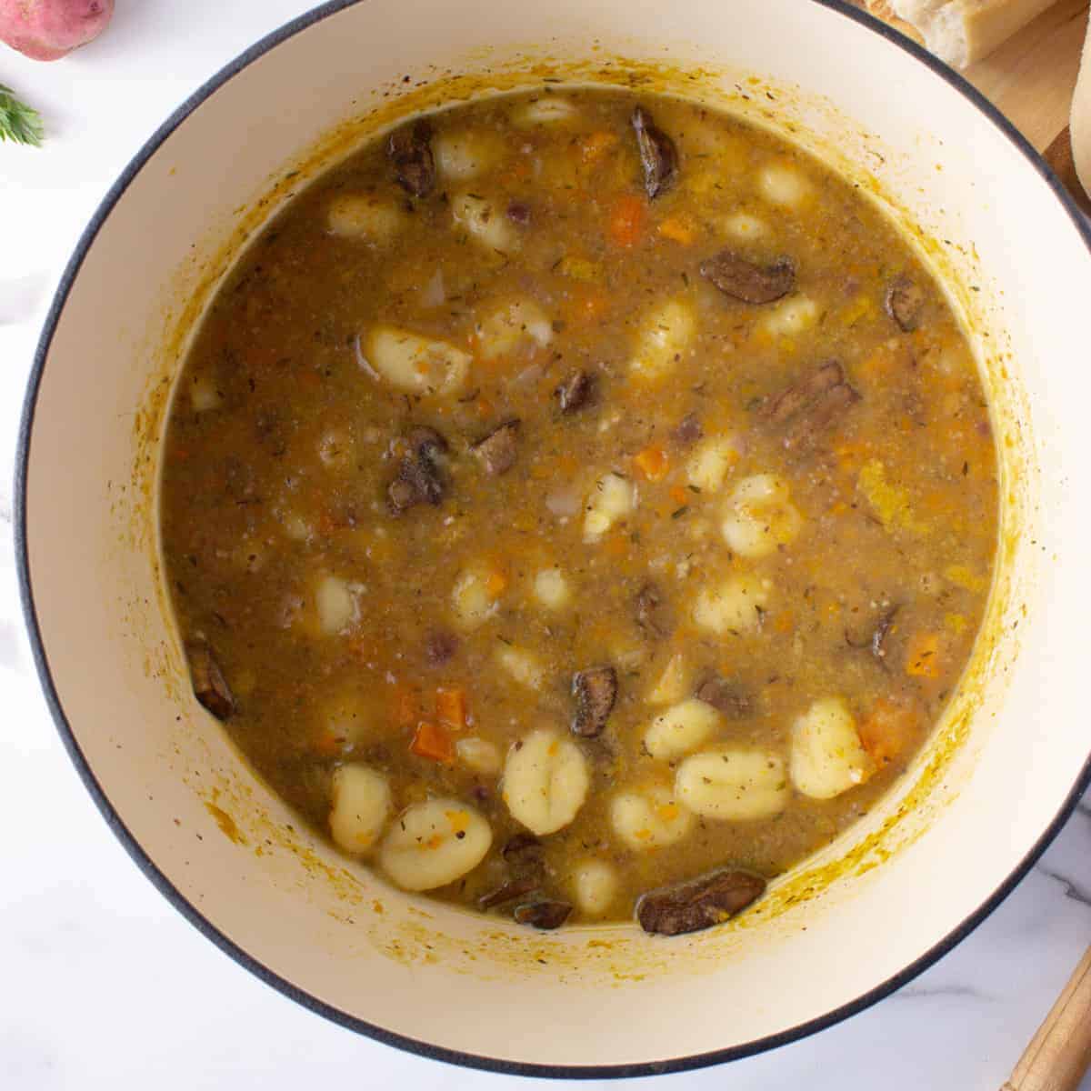 Vegetable and gnochhi stew cooking in dutch oven.