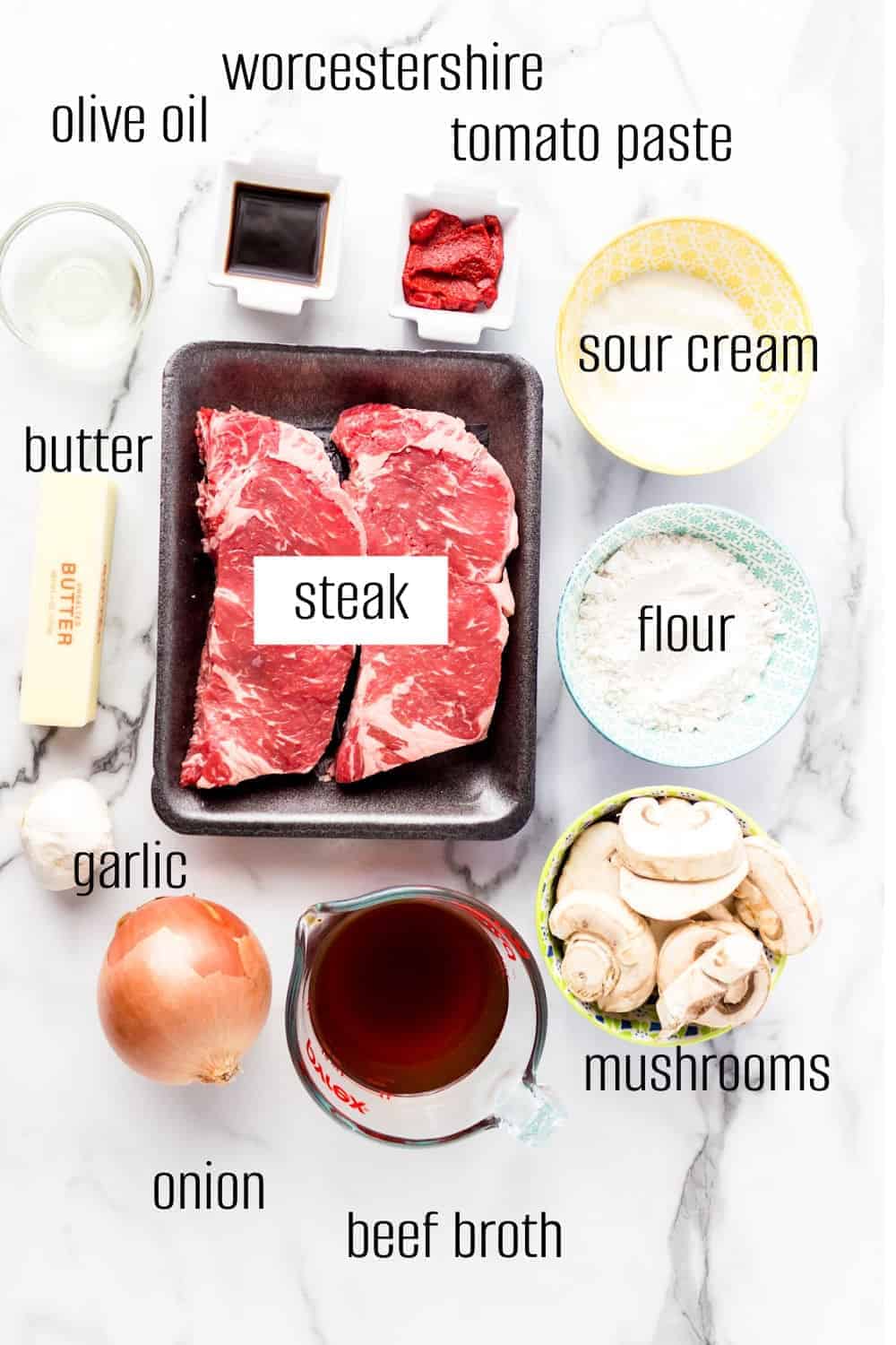 Steak, onion, garlic and seasonings for beef stroganoff.