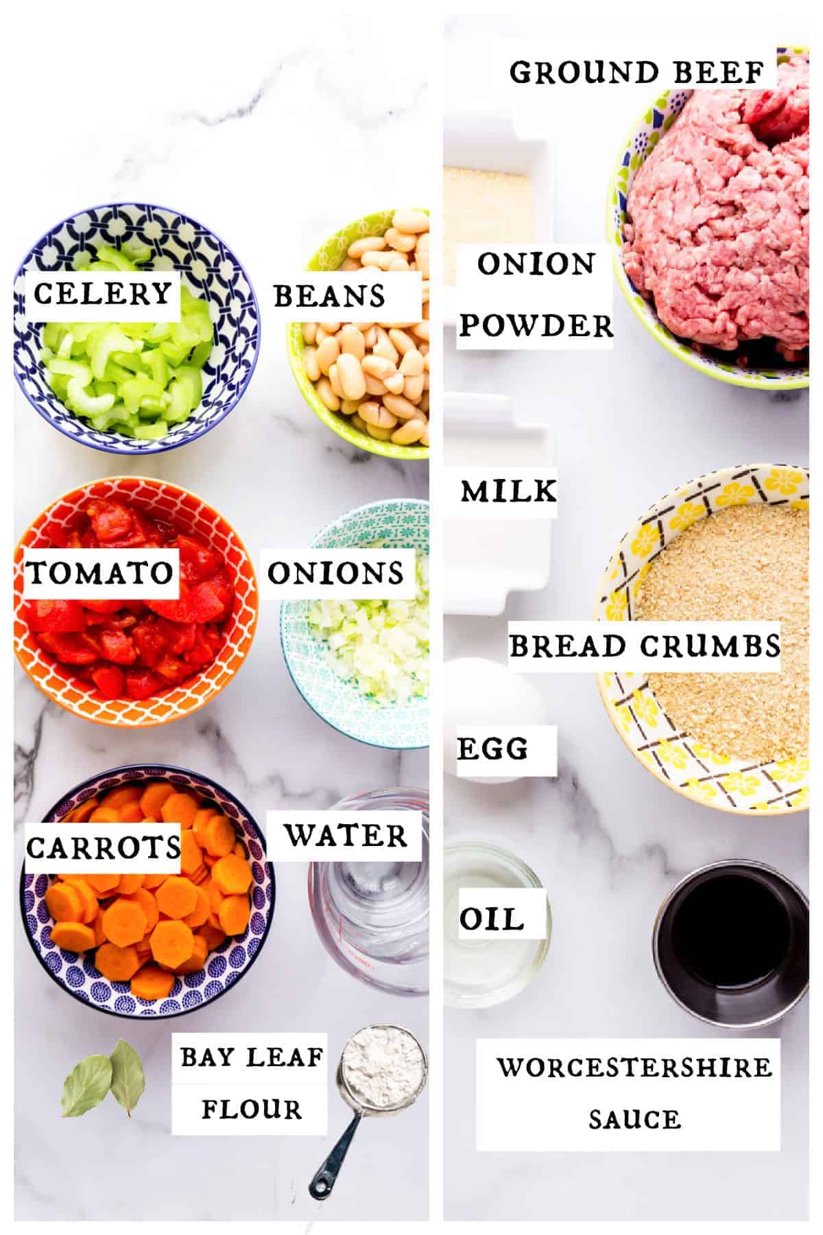 Ground beef, vegetables, and seasoning measure out in colorful bowls on marble countertop.